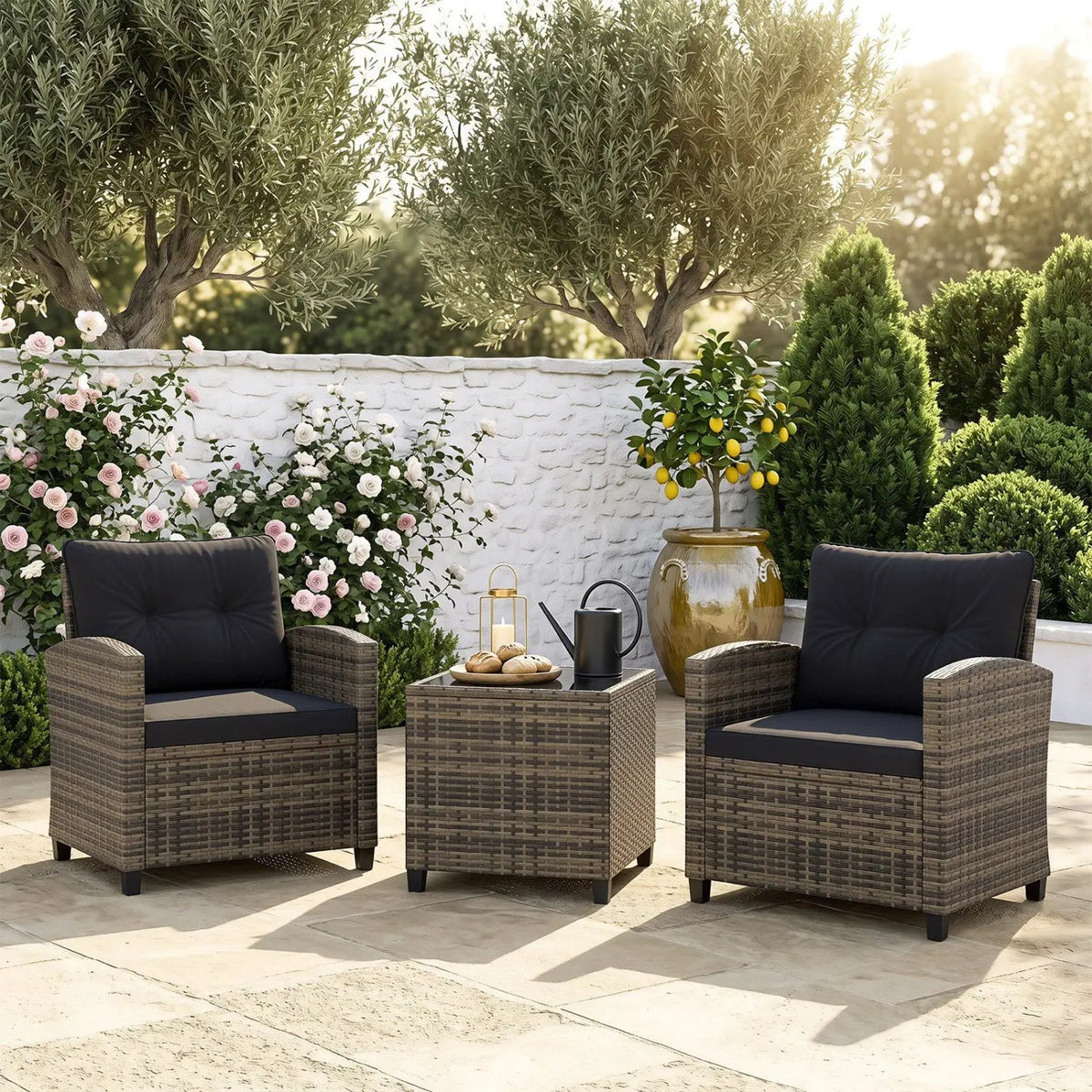 3-Piece Patio Conversation Set with Tempered Glass Table by DirectDeals