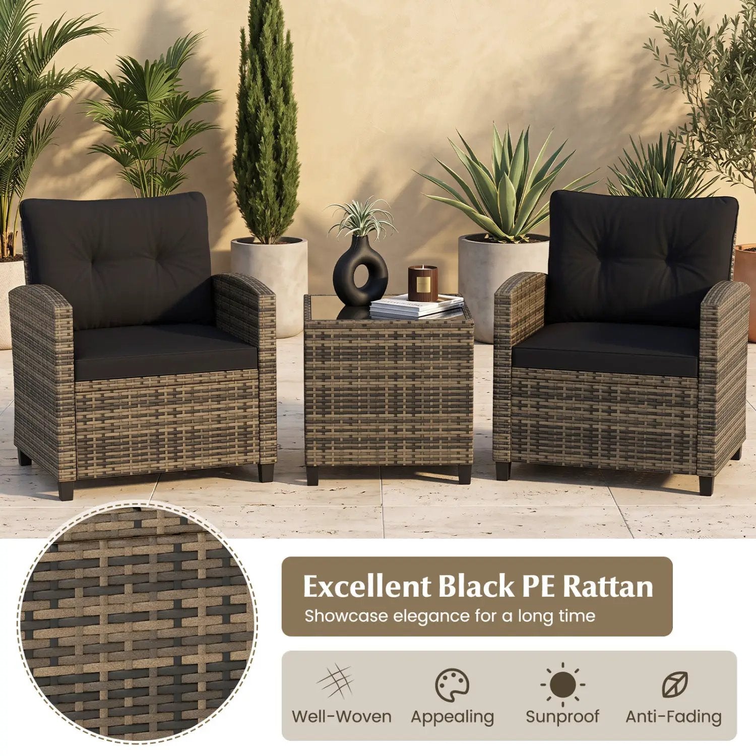 3-Piece Patio Conversation Set with Tempered Glass Table by DirectDeals