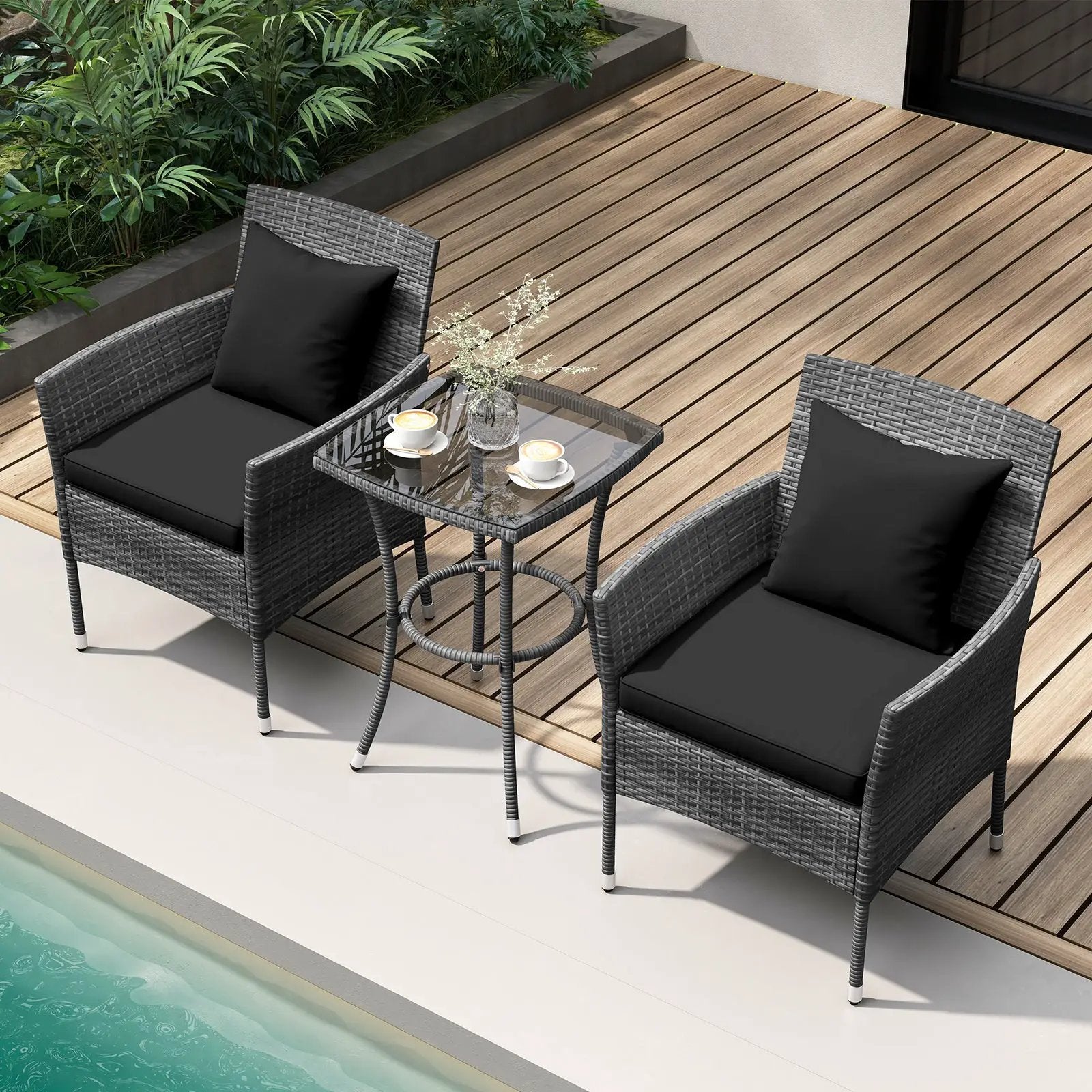 3 Pieces Patio Furniture Set with Cushioned Patio Chairs and Tempered Glass Coffee Table by DirectDeals