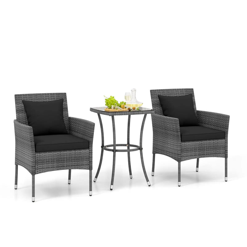 3 Pieces Patio Furniture Set with Cushioned Patio Chairs and Tempered Glass Coffee Table by DirectDeals