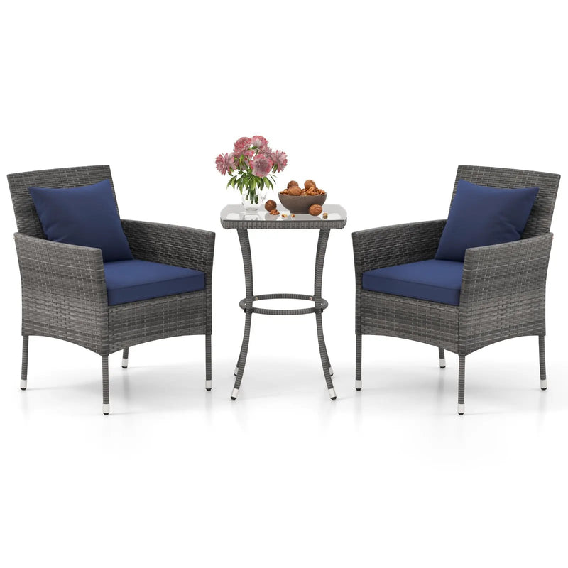 3 Pieces Patio Furniture Set with Cushioned Patio Chairs and Tempered Glass Coffee Table by DirectDeals