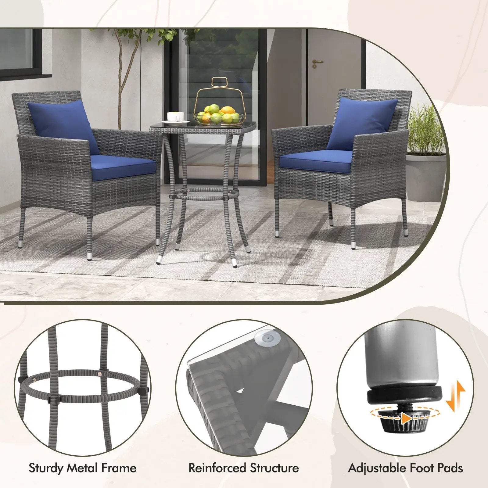 3 Pieces Patio Furniture Set with Cushioned Patio Chairs and Tempered Glass Coffee Table by DirectDeals