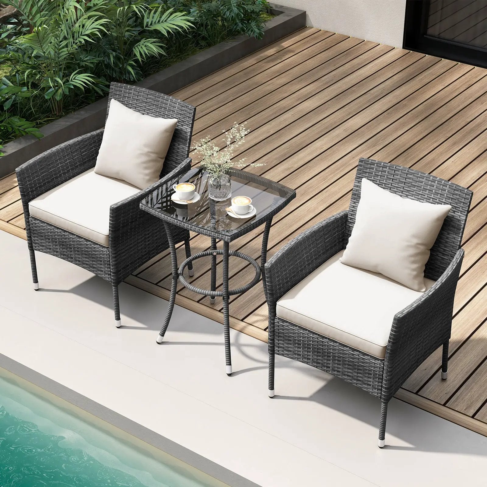 3 Pieces Patio Furniture Set with Cushioned Patio Chairs and Tempered Glass Coffee Table by DirectDeals