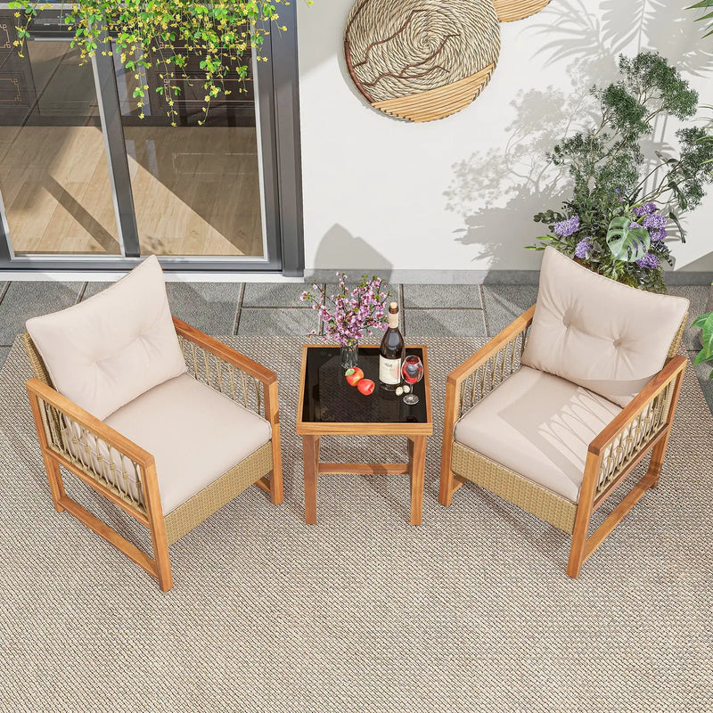 3 Pieces Patio Furniture Set with Acacia Wood Frame Cushions-Brown by DirectDeals