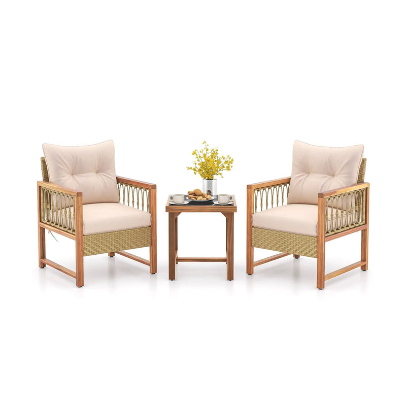 3 Pieces Patio Furniture Set with Acacia Wood Frame Cushions-Brown by DirectDeals