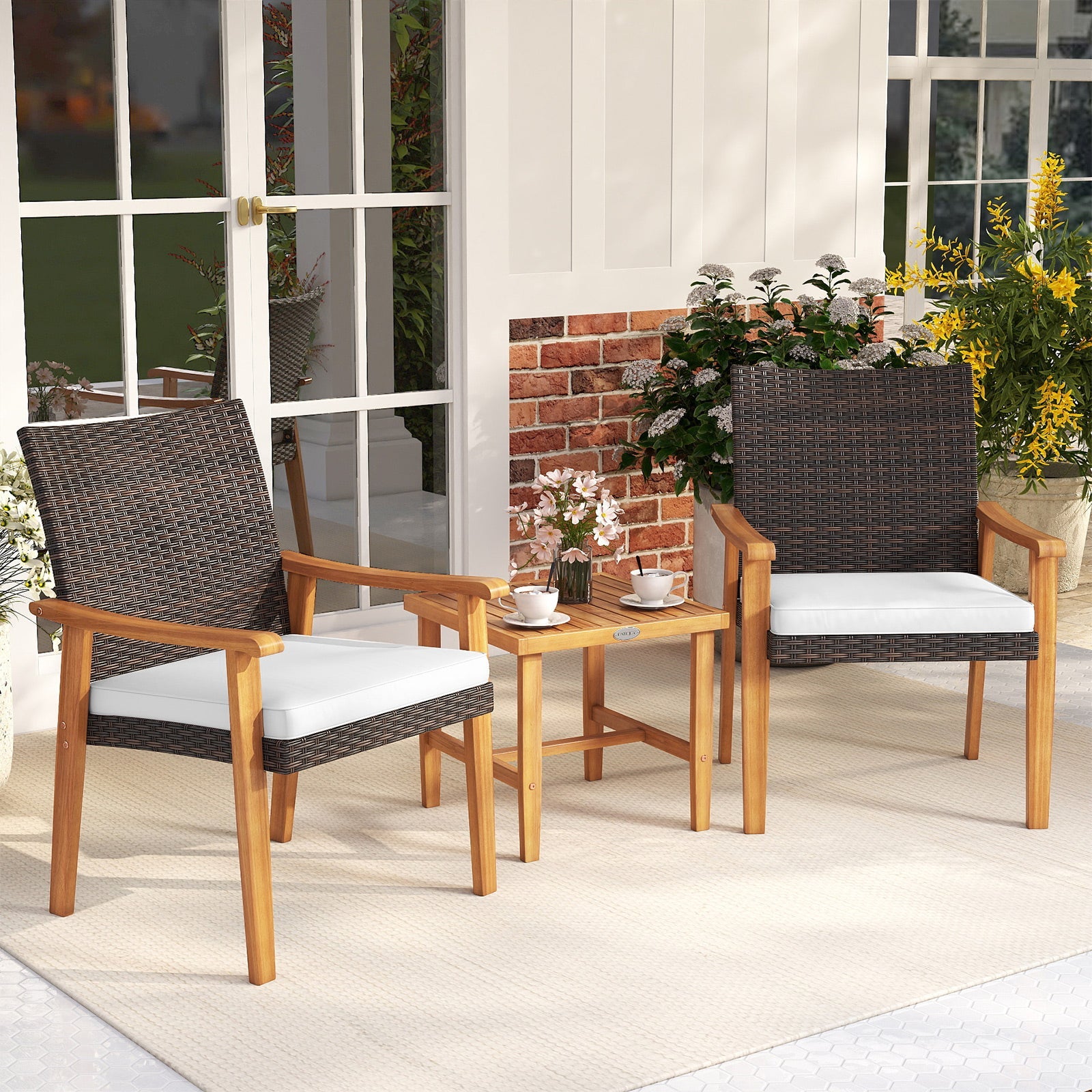 3 Pieces Patio PE Wicker Furniture Set Acacia Wood Outdoor Conversation Bistro Set-White by DirectDeals