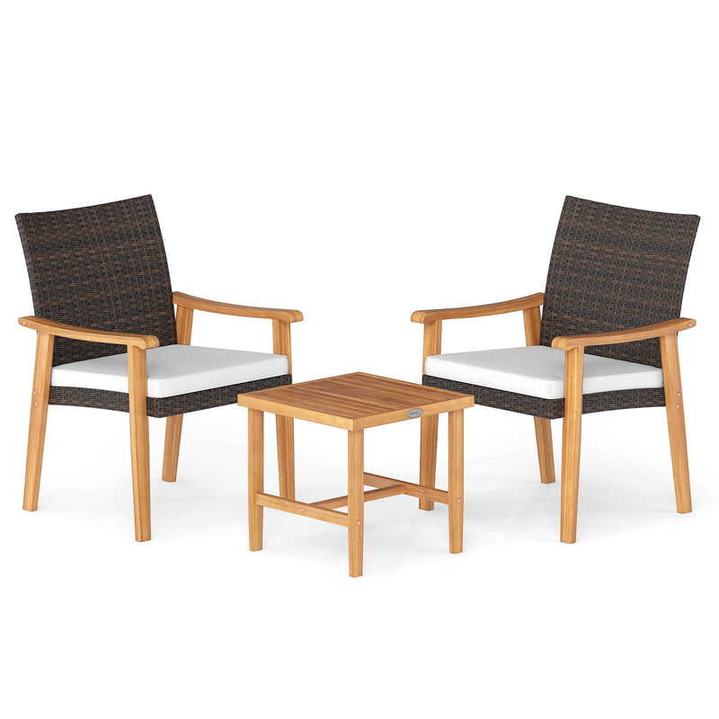 3 Pieces Patio PE Wicker Furniture Set Acacia Wood Outdoor Conversation Bistro Set-White by DirectDeals