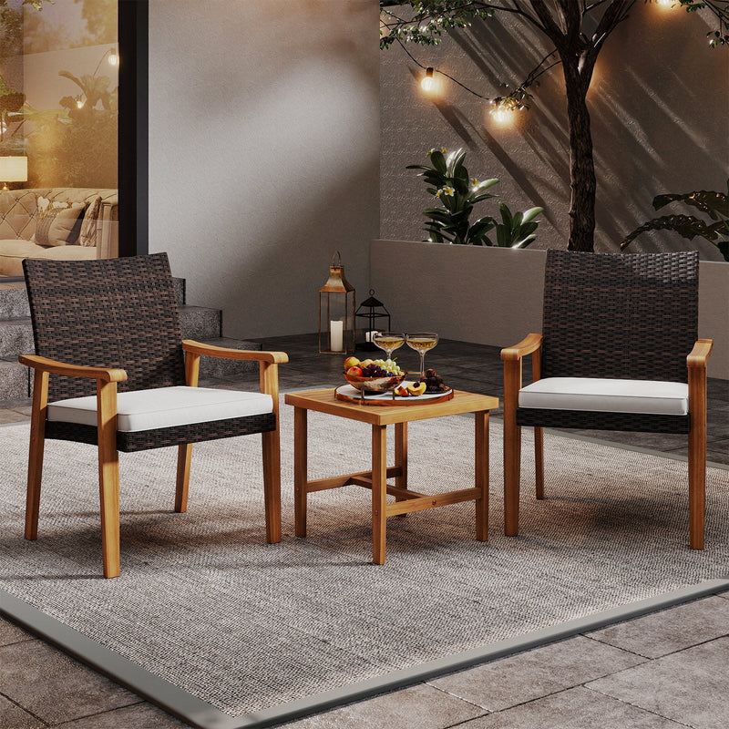 3 Pieces Patio PE Wicker Furniture Set Acacia Wood Outdoor Conversation Bistro Set-White by DirectDeals