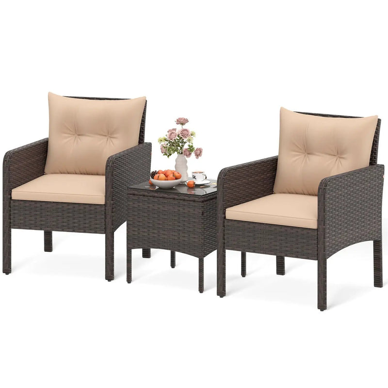 3 Pieces Patio PE Wicker Furniture Set with Cushions for Porch and Balcony by DirectDeals