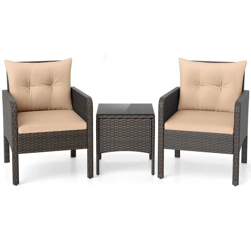 3 Pieces Patio PE Wicker Furniture Set with Cushions for Porch and Balcony by DirectDeals