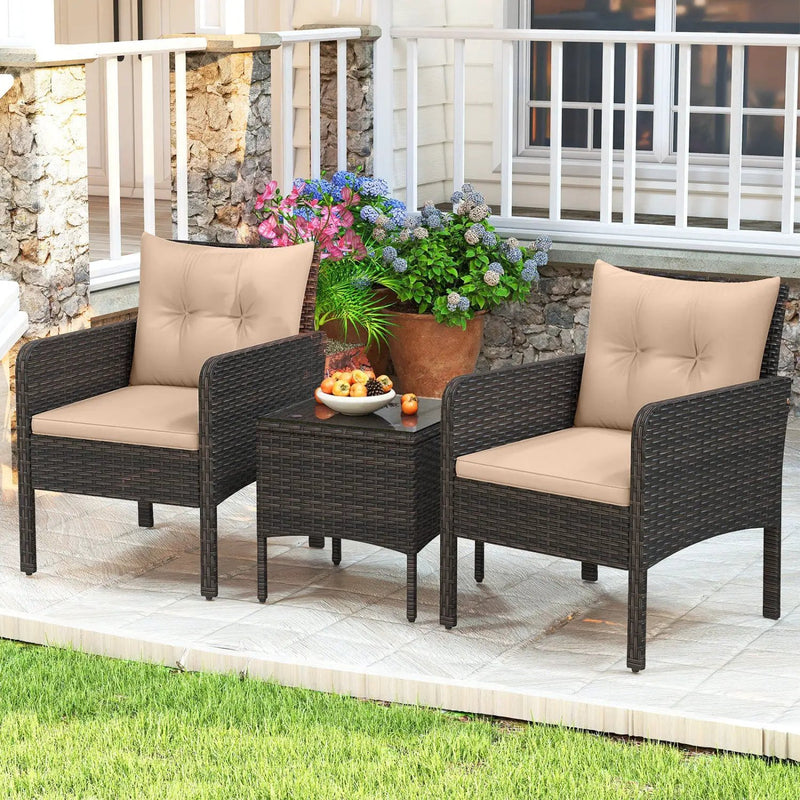 3 Pieces Patio PE Wicker Furniture Set with Cushions for Porch and Balcony by DirectDeals