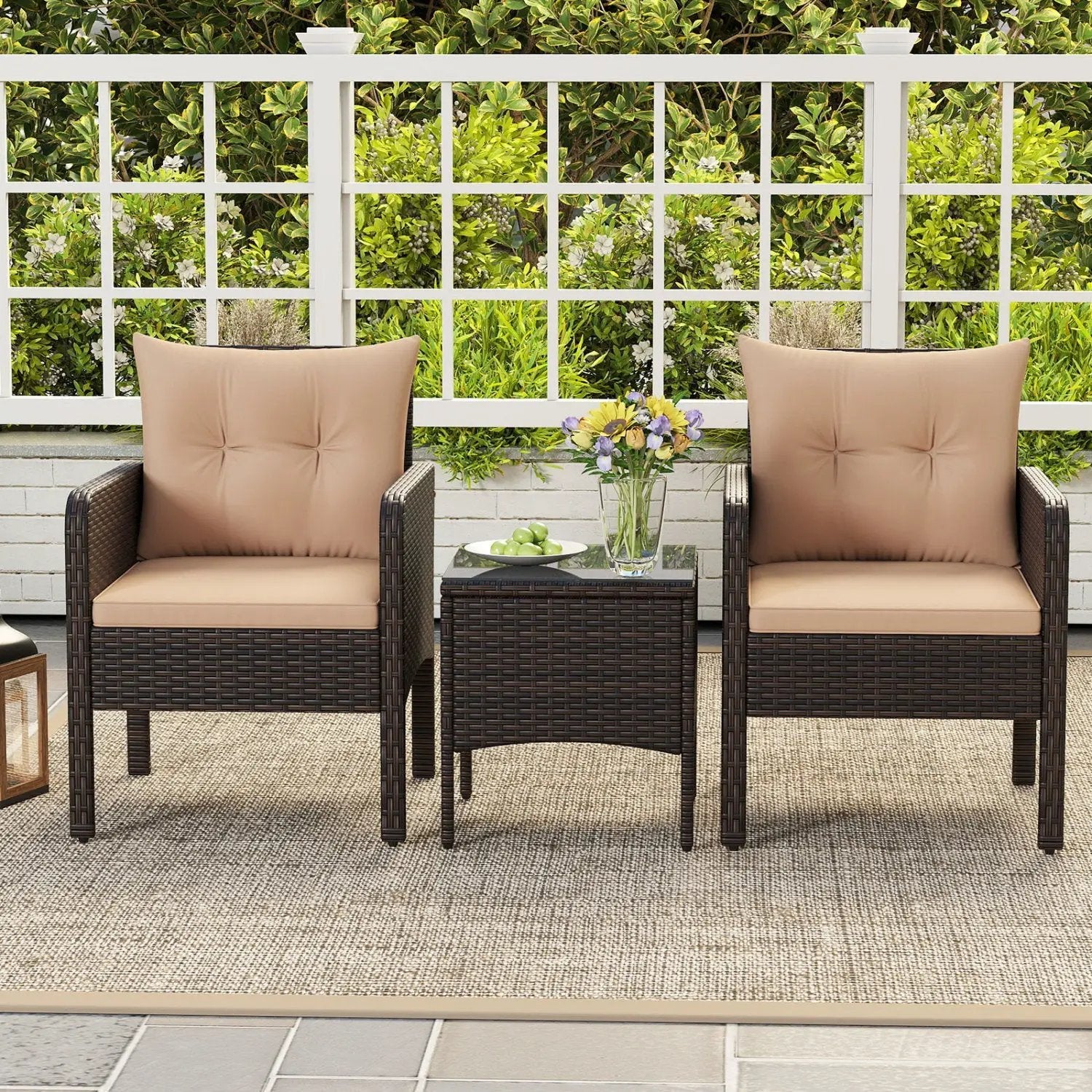 3 Pieces Patio PE Wicker Furniture Set with Cushions for Porch and Balcony by DirectDeals