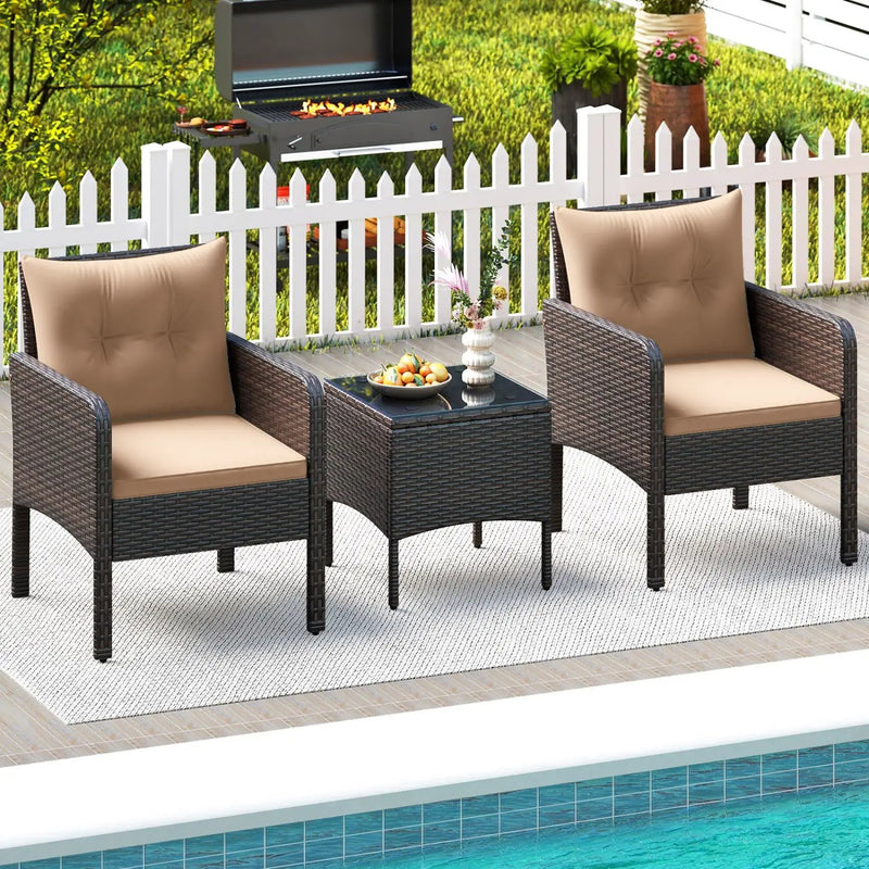 3 Pieces Patio PE Wicker Furniture Set with Cushions for Porch and Balcony by DirectDeals