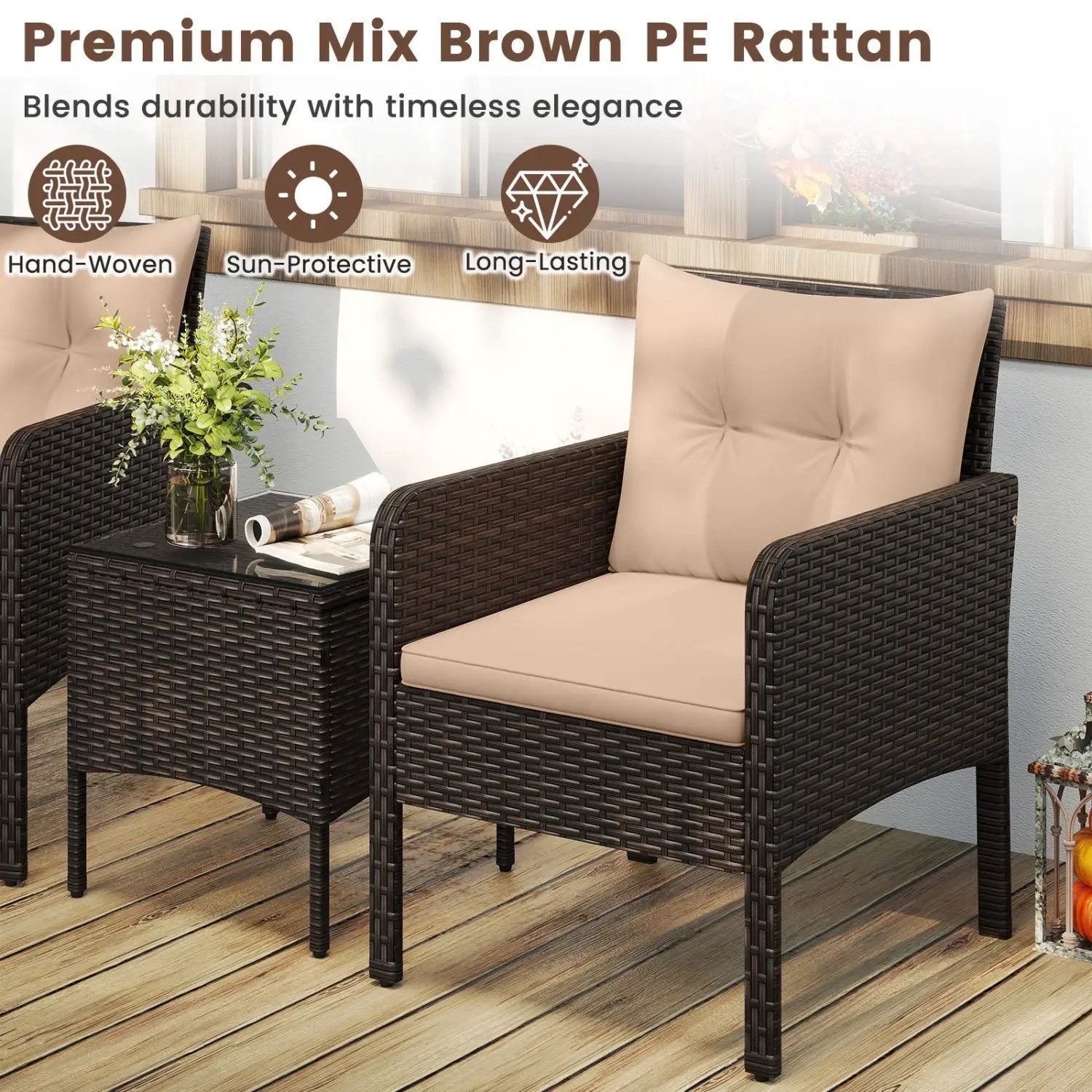 3 Pieces Patio PE Wicker Furniture Set with Cushions for Porch and Balcony by DirectDeals