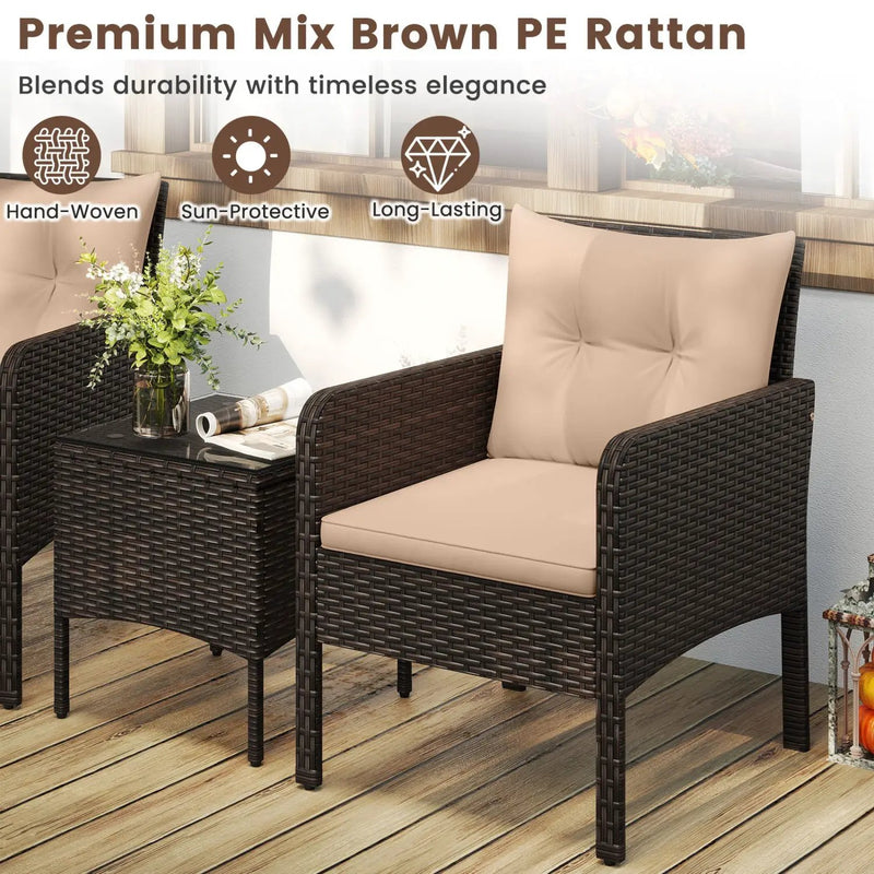 3 Pieces Patio PE Wicker Furniture Set with Cushions for Porch and Balcony by DirectDeals