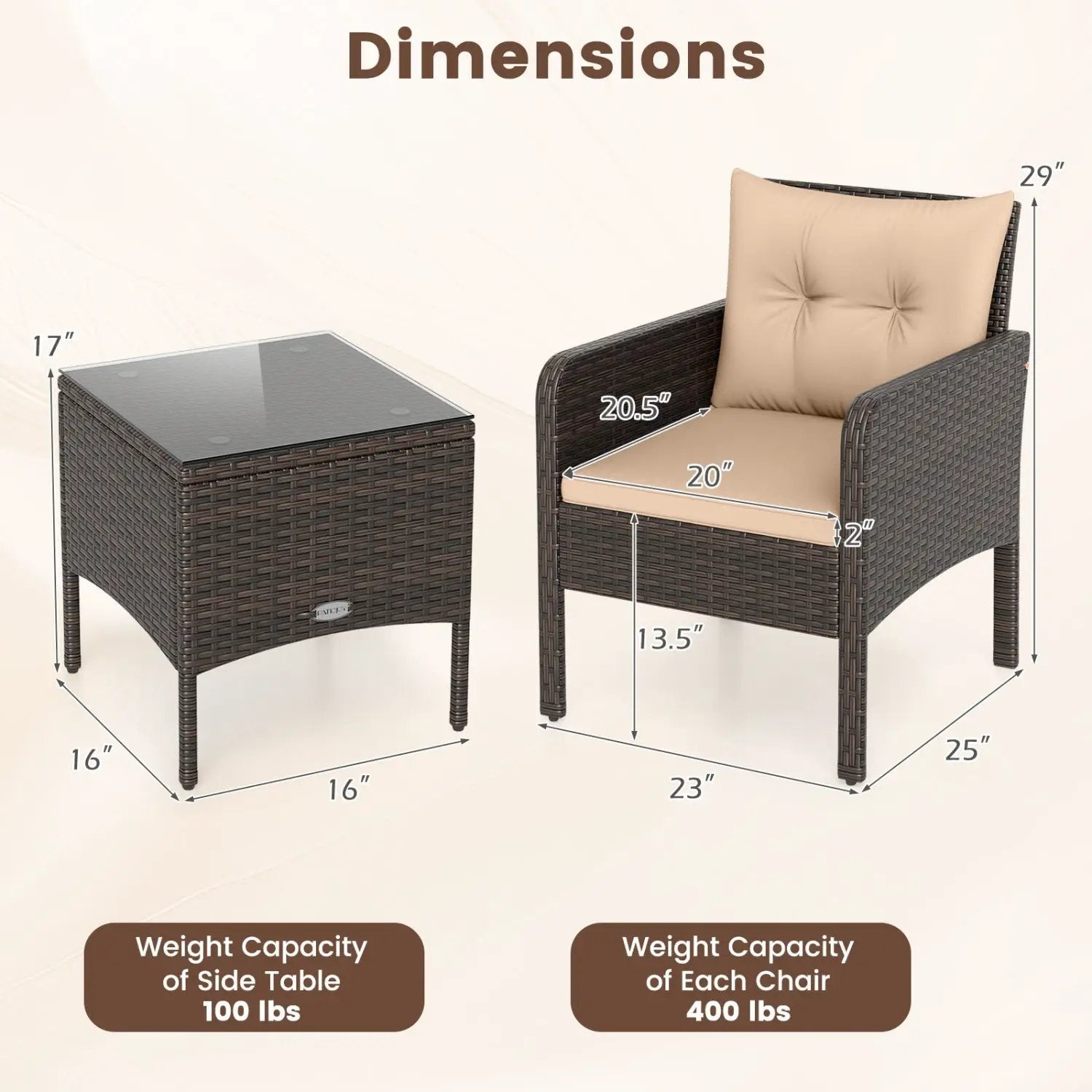 3 Pieces Patio PE Wicker Furniture Set with Cushions for Porch and Balcony by DirectDeals
