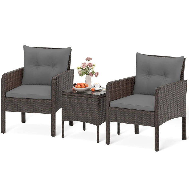 3 Pieces Patio PE Wicker Furniture Set with Cushions for Porch and Balcony by DirectDeals