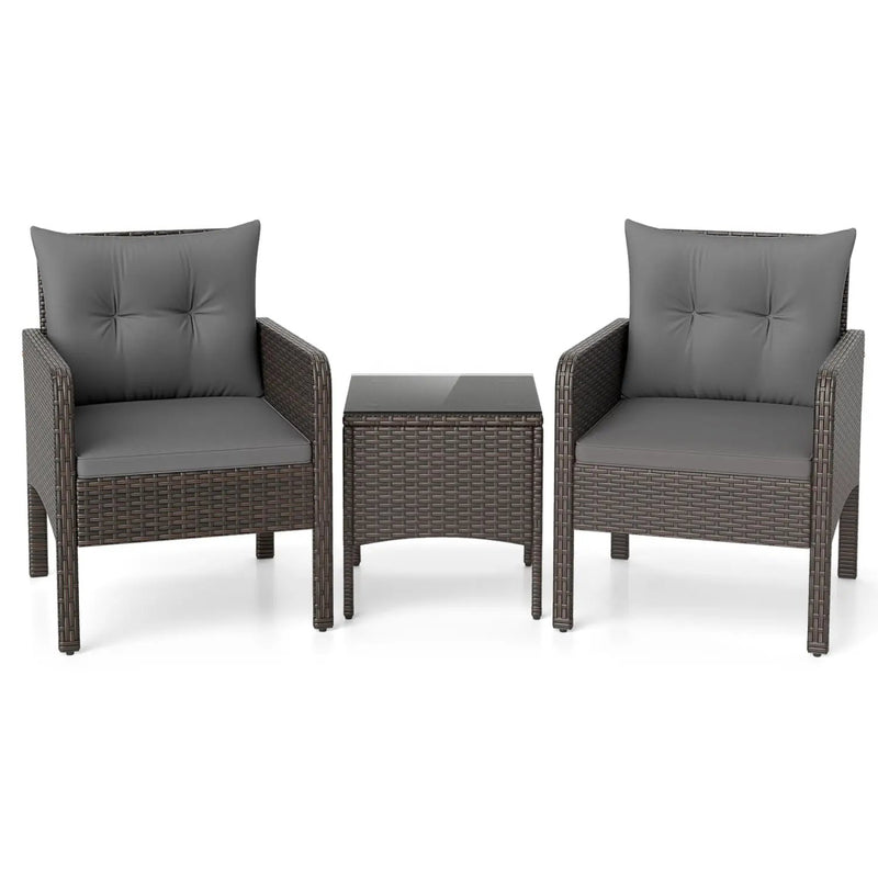 3 Pieces Patio PE Wicker Furniture Set with Cushions for Porch and Balcony by DirectDeals