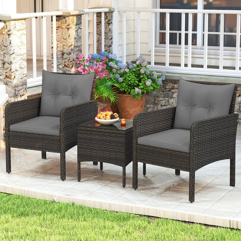3 Pieces Patio PE Wicker Furniture Set with Cushions for Porch and Balcony by DirectDeals