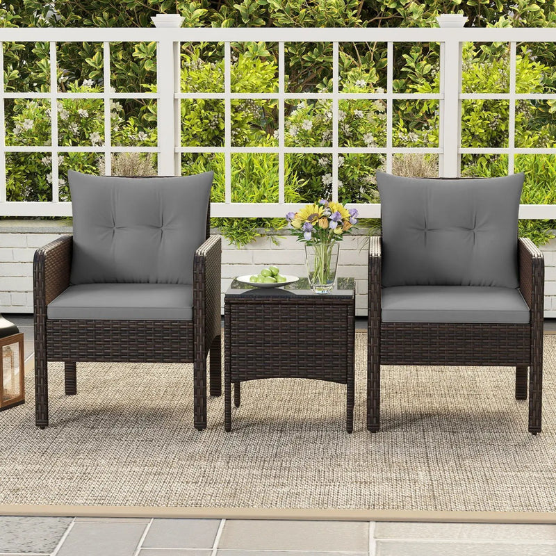 3 Pieces Patio PE Wicker Furniture Set with Cushions for Porch and Balcony by DirectDeals