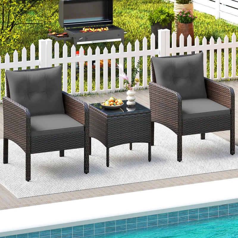 3 Pieces Patio PE Wicker Furniture Set with Cushions for Porch and Balcony by DirectDeals