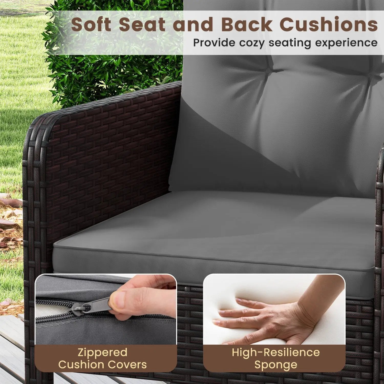 3 Pieces Patio PE Wicker Furniture Set with Cushions for Porch and Balcony by DirectDeals