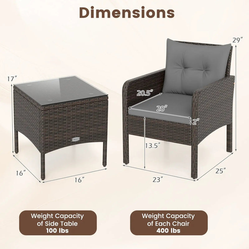 3 Pieces Patio PE Wicker Furniture Set with Cushions for Porch and Balcony by DirectDeals