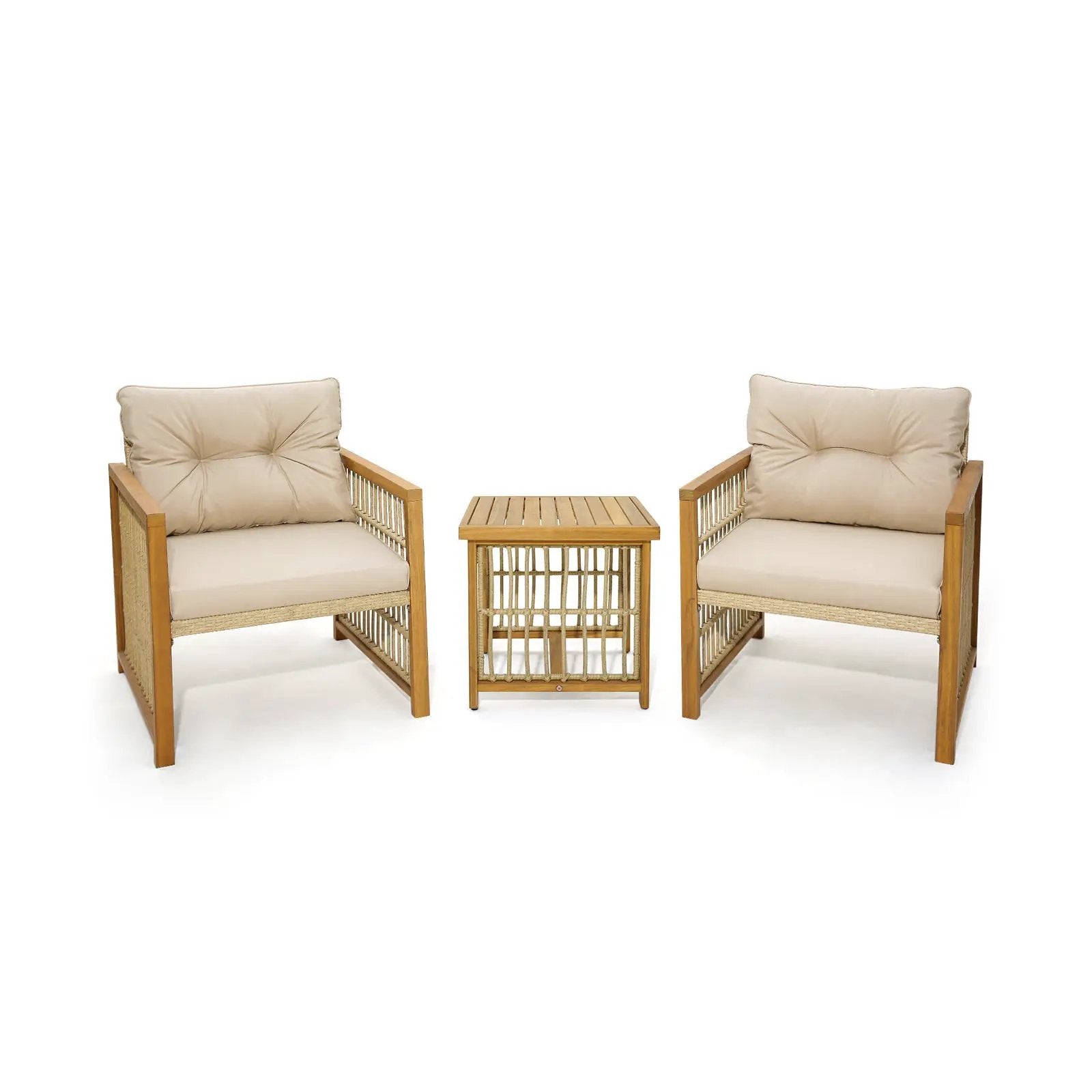 3 Pieces Patio PE Wicker Conversation Set with Acacia Wood Frame and Cushions-Beige by DirectDeals