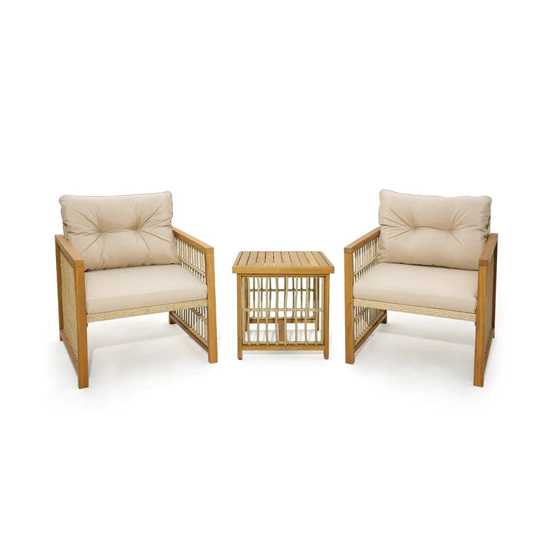 3 Pieces Patio PE Wicker Conversation Set with Acacia Wood Frame and Cushions-Beige by DirectDeals