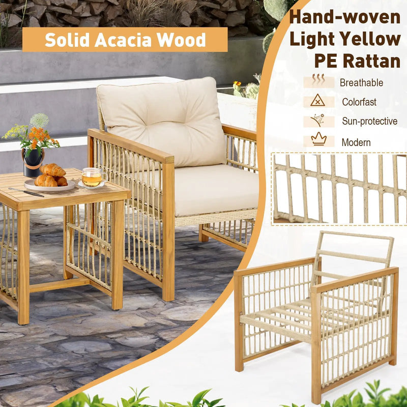 3 Pieces Patio PE Wicker Conversation Set with Acacia Wood Frame and Cushions-Beige by DirectDeals