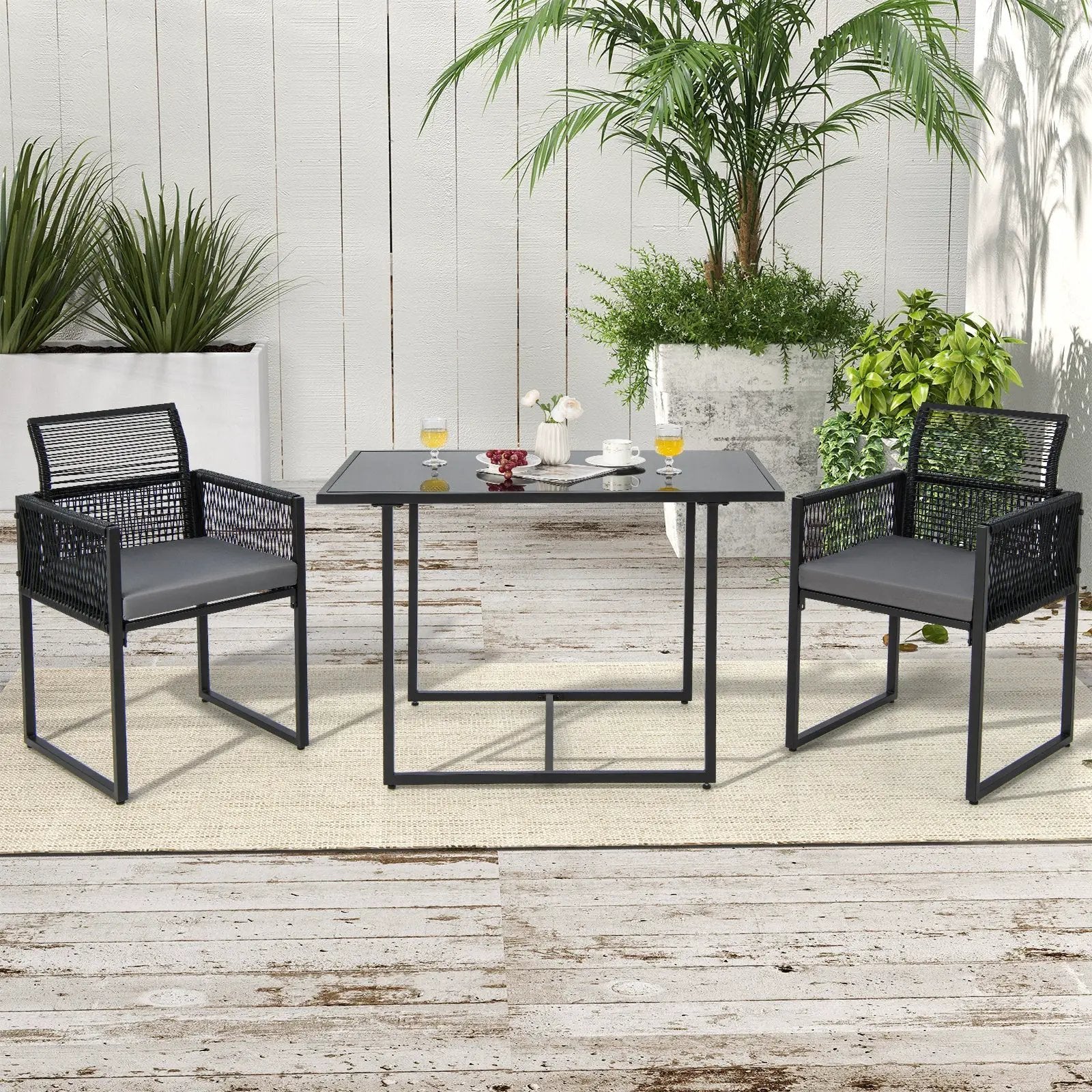 3 Pieces Outdoor Dining Set with Folding Backrest and Seat Cushions-Black by DirectDeals