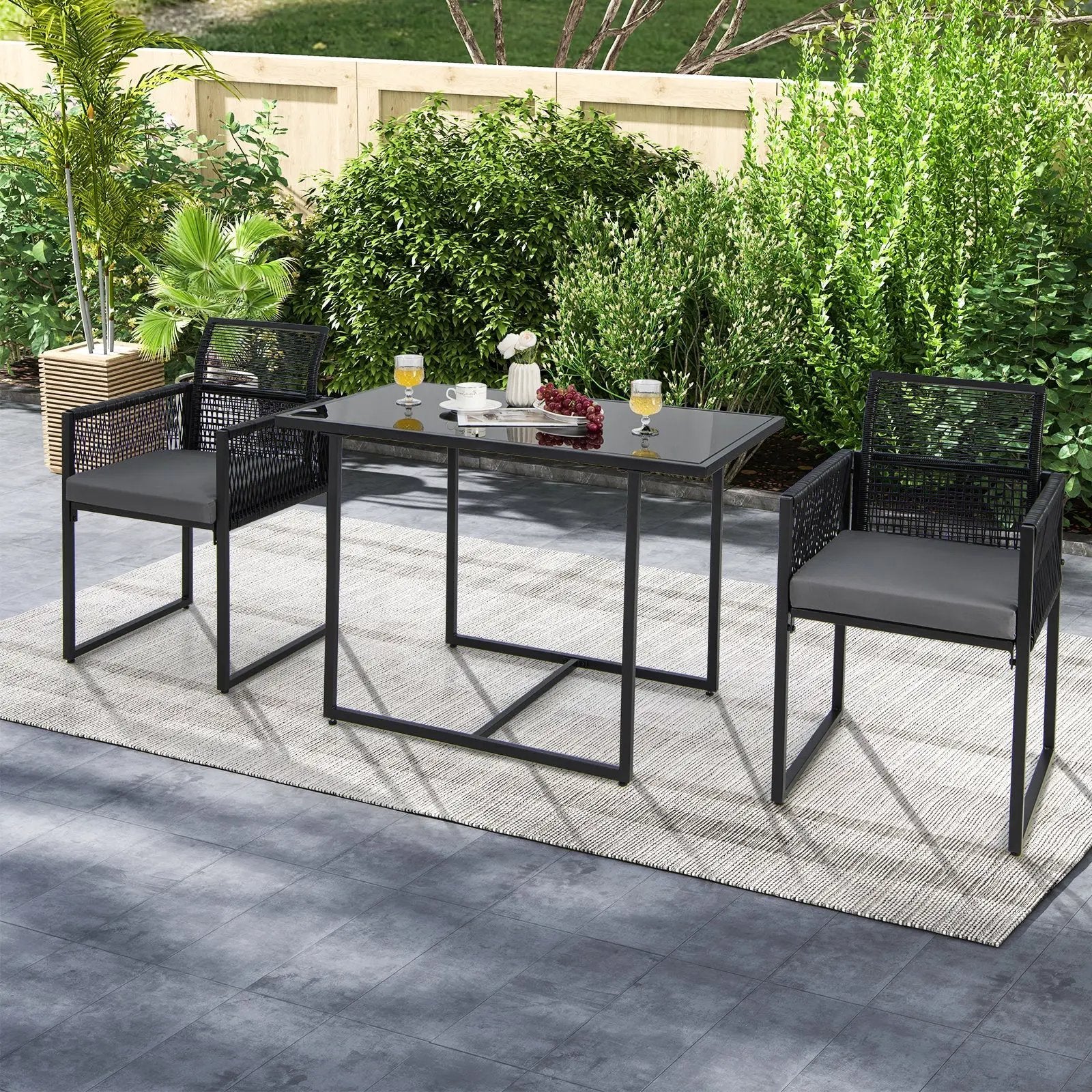 3 Pieces Outdoor Dining Set with Folding Backrest and Seat Cushions-Black by DirectDeals