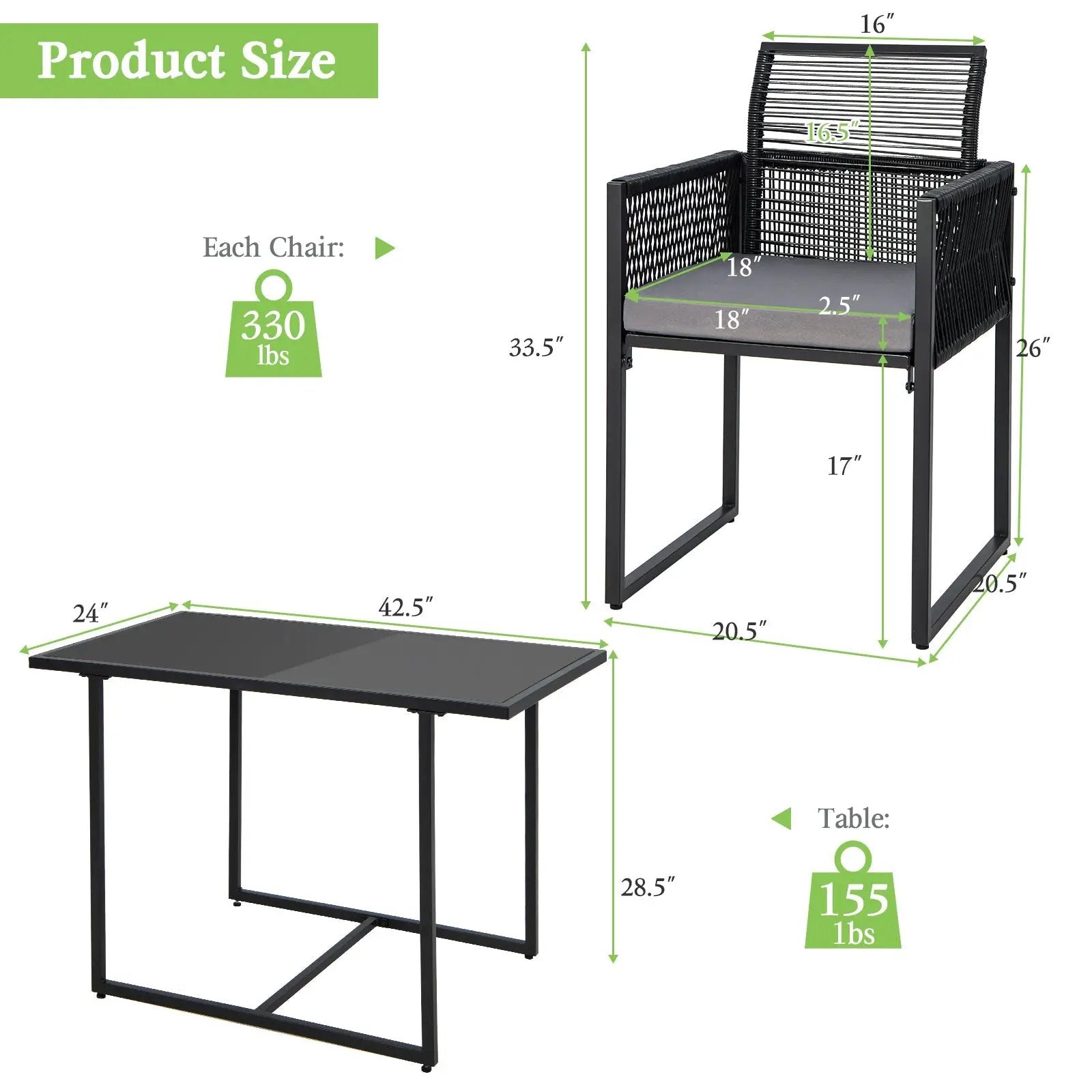3 Pieces Outdoor Dining Set with Folding Backrest and Seat Cushions-Black by DirectDeals