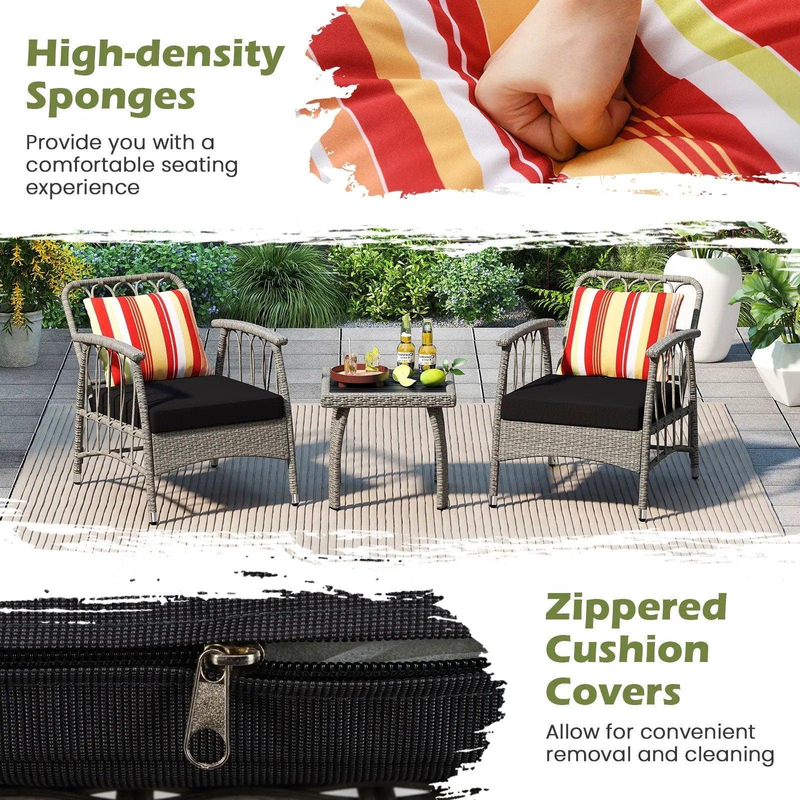 3 Pieces Patio PE Wicker Furniture Set with 5-Level Adjustable Backrest-Gray by DirectDeals