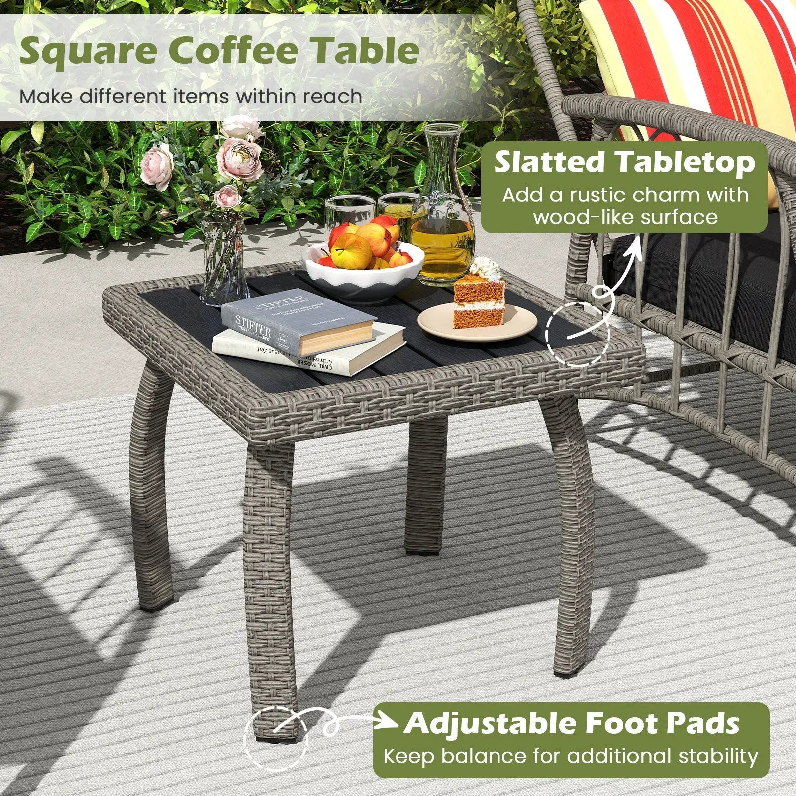 3 Pieces Patio PE Wicker Furniture Set with 5-Level Adjustable Backrest-Gray by DirectDeals