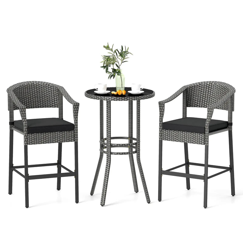 3-Piece Patio Rattan Bar Set with Tempered Glass Top for Backyard Poolside by DirectDeals