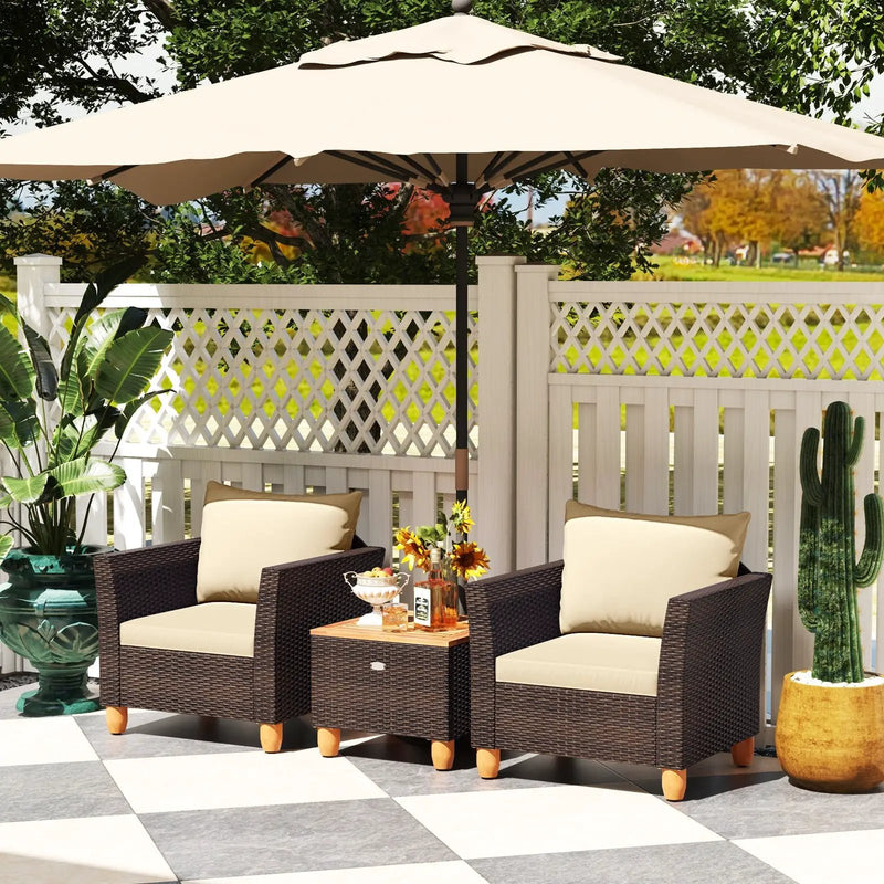 3 Pieces Patio Rattan Bistro Furniture Set with Wooden Table Top by DirectDeals