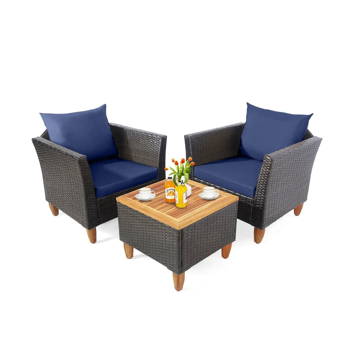3 Pieces Patio Rattan Bistro Furniture Set with Wooden Table Top by DirectDeals