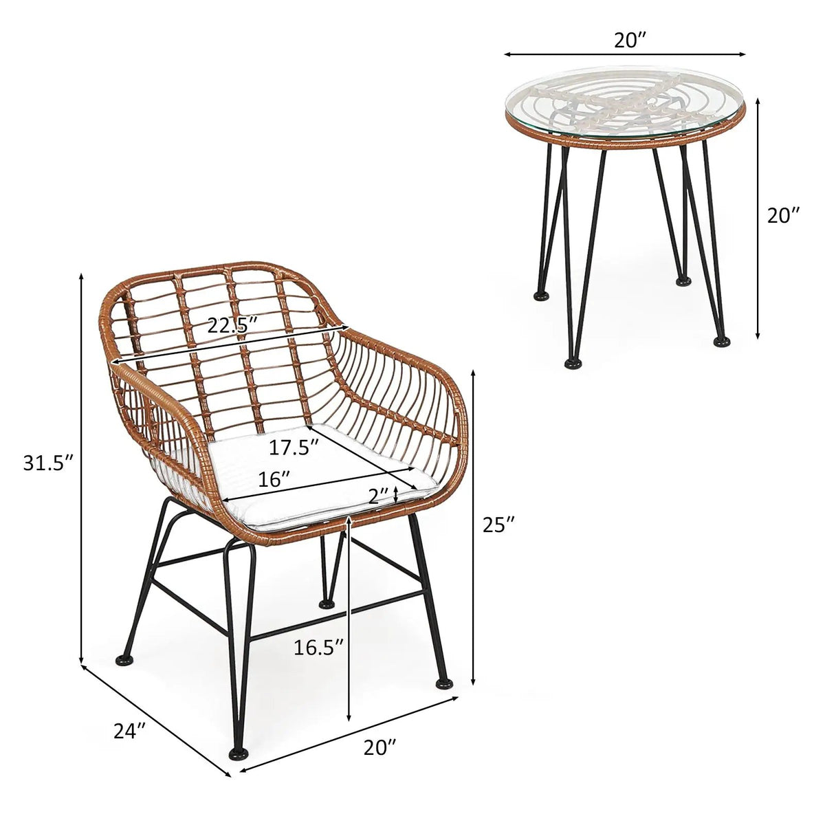 3 Pieces Patio Rattan Bistro Set with Cushion by DirectDeals