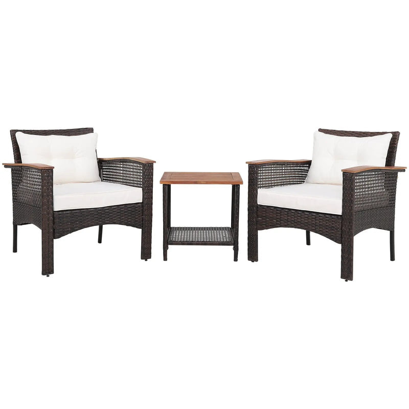 3 Pieces Patio Rattan Furniture Set with Acacia Wood Tabletop by DirectDeals