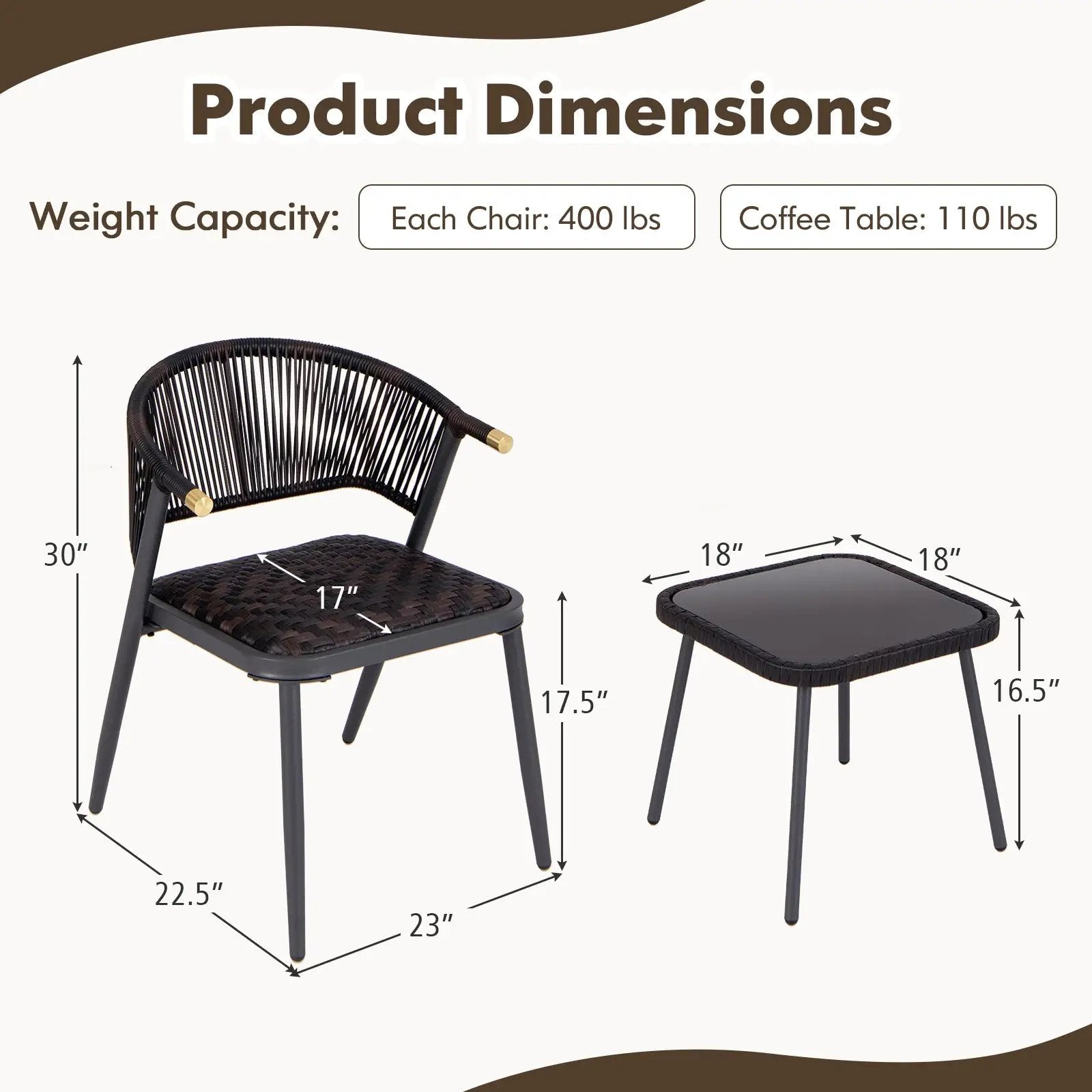 3 Pieces Patio Rattan Furniture Set for Backyard Poolside-Brown and Black by DirectDeals