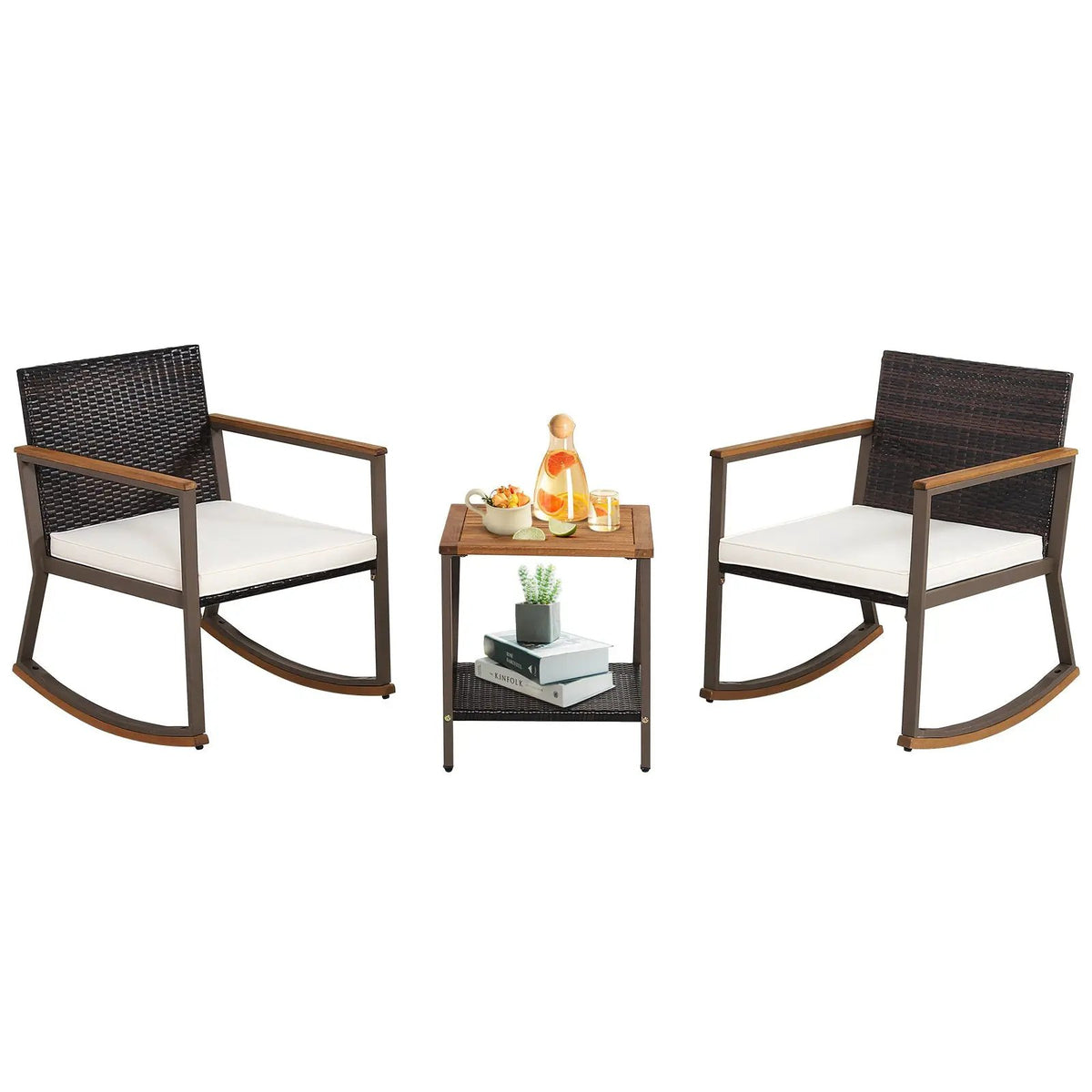 3 Pieces Rattan Rocking Bistro Set with Coffee Table and Cushions by DirectDeals