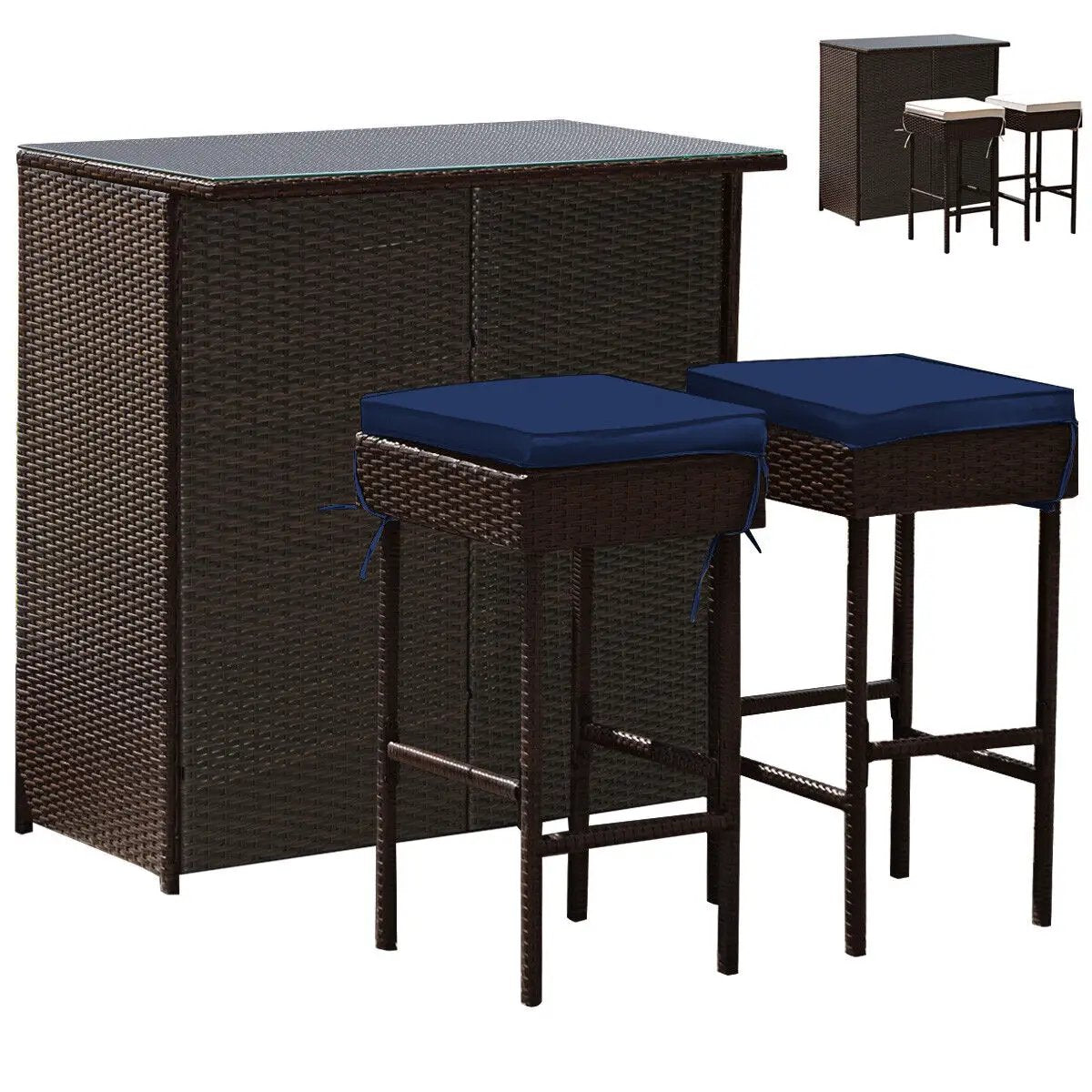 3PCS Patio Rattan Wicker Bar Table Stools Dining Set-Turquoise by DirectDeals