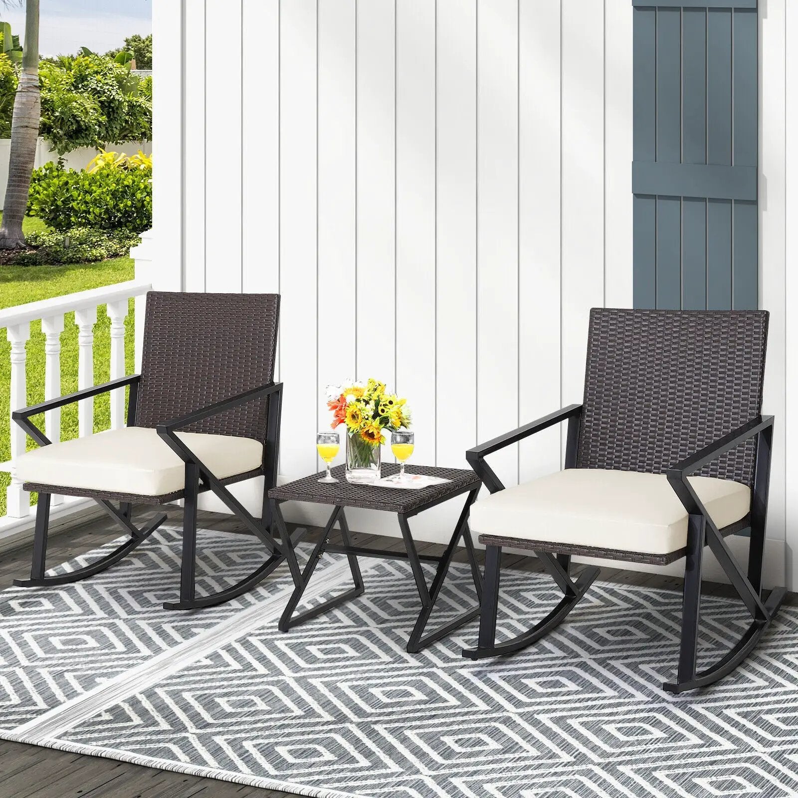 3 Piece Patio Wicker Rocking Chairs Set with Heavy-Duty Metal Frame by DirectDeals