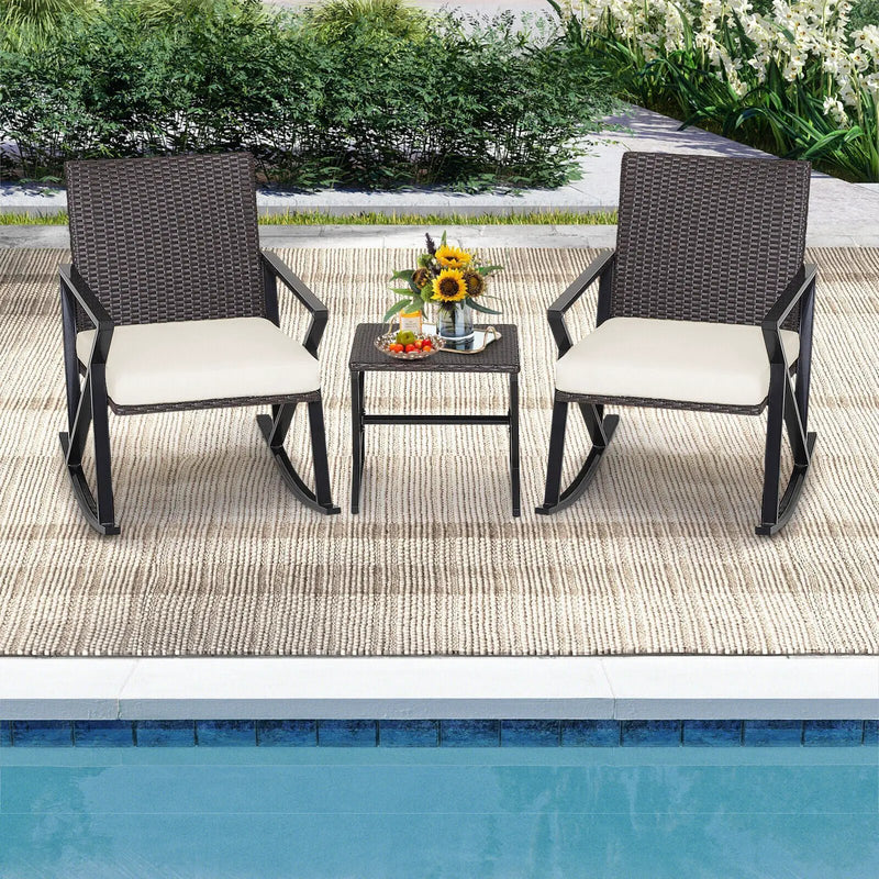 3 Piece Patio Wicker Rocking Chairs Set with Heavy-Duty Metal Frame by DirectDeals
