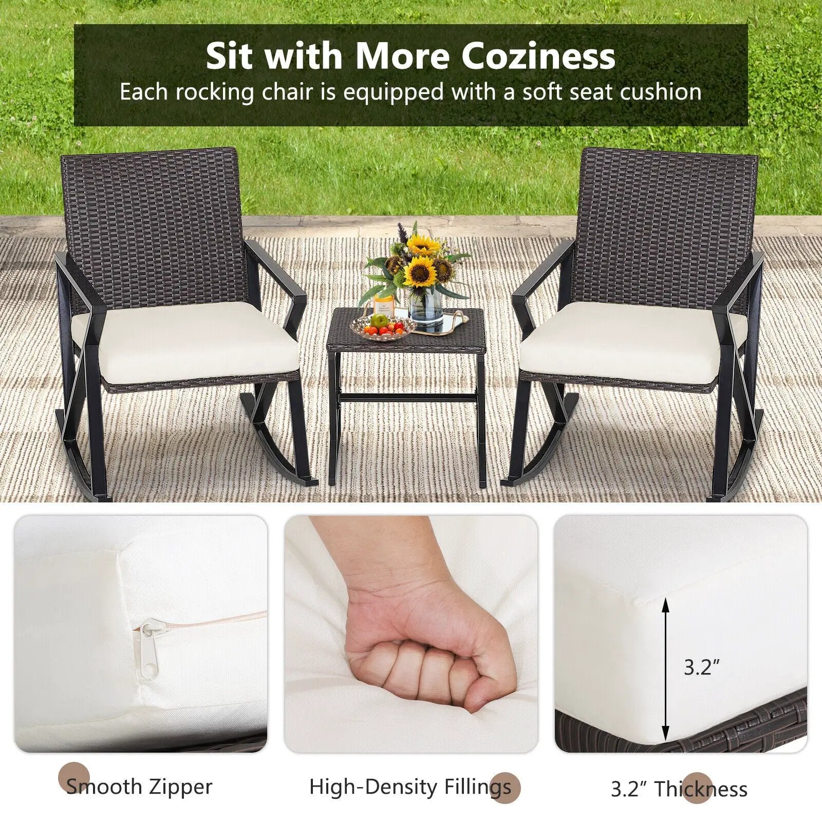 3 Piece Patio Wicker Rocking Chairs Set with Heavy-Duty Metal Frame by DirectDeals