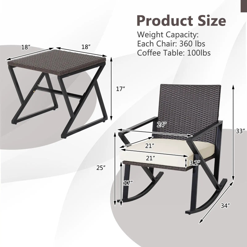 3 Piece Patio Wicker Rocking Chairs Set with Heavy-Duty Metal Frame by DirectDeals