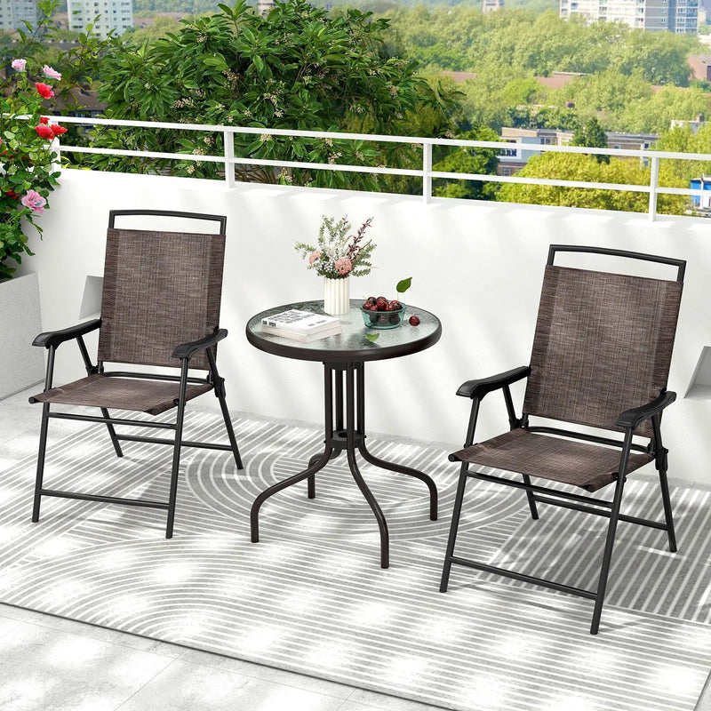 3 Pieces Patio Round Table and Folding Chairs Set with Rippled Tempered Glass Tabletop by DirectDeals