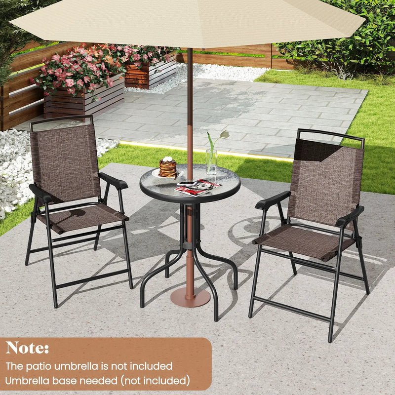 3 Pieces Patio Round Table and Folding Chairs Set with Rippled Tempered Glass Tabletop by DirectDeals