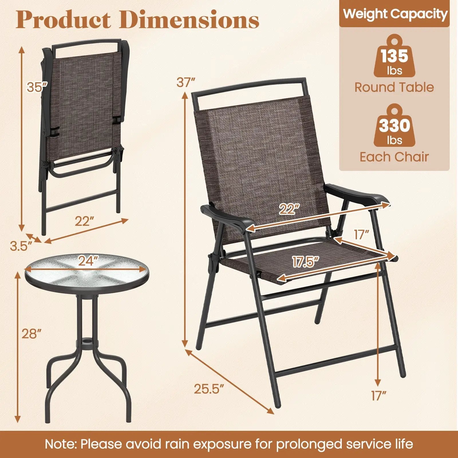 3 Pieces Patio Round Table and Folding Chairs Set with Rippled Tempered Glass Tabletop by DirectDeals